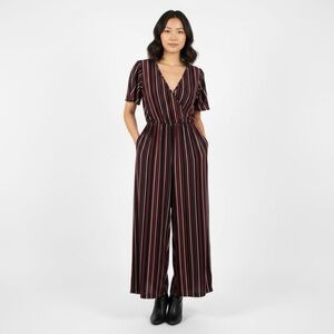 Maroon Striped Wide Leg Jumpsuit Vertical Stripes V Neck Spring One Piece